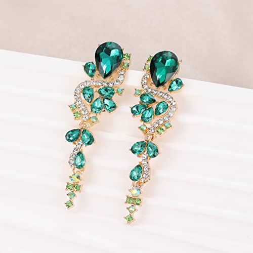 Fashion Rhinestone Statement Drop Dangle Earrings Long Colorful Crystal Bridal Wedding Teardrop Chandelier Earrings for Women Prom Pageant - color: Green