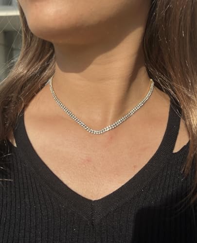WangGao Dual Layer Stainless Steel Rhinestone Choker Tennis Necklace - color: Gold