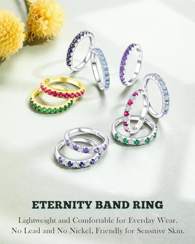 Created Ruby/Sapphire/Emerald/Aquamarine Stackable Rings for Women | 14K Gold Plated/925 Sterling Silver,2.2mm Wedding Band,Birthday Anniversary Jewelry(with Box) - color: 05-Created Aquamarine