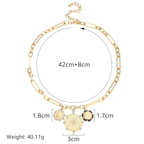Chunky Gold Necklace for Women, 18K Waterproof Heart Necklace Statement Necklace Gold Charm Necklace Chunky Jewelry Paperclip Chain Choker Gift for Women - style: Three Coin