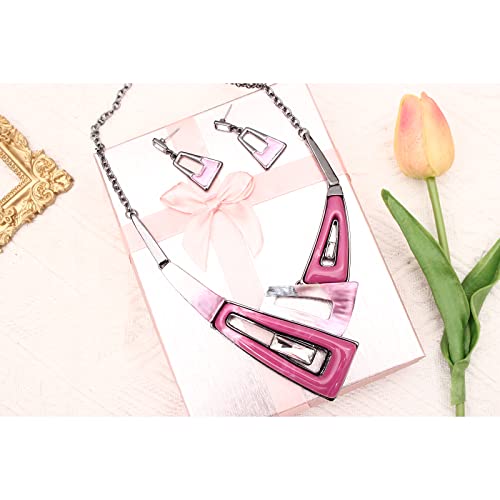 SFE Irregular Enamel Triangle Shape shell Collar Bib Bohemian Boho Statement Necklace Earrings Fashion Costume Jewelry Set for Women - color: Pink-Gun Plated