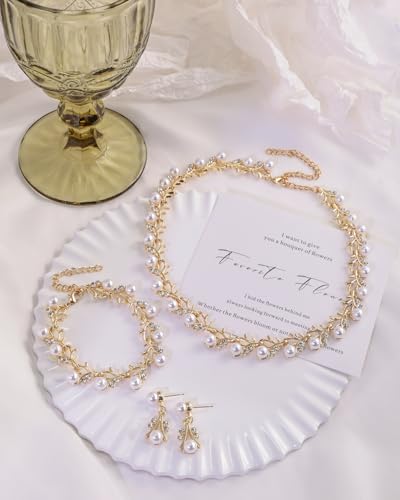 14K Gold Plated Pearl Jewelry Set for Women - 3 Piece Wedding Jewelry Sets with Necklace Earring Bracelet, Crystal Accented Pearl Bridal Set for Wedding