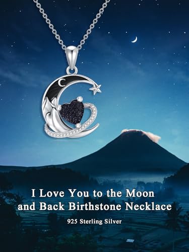 I Love You to the Moon and Back Necklace 925 Sterling Silver Black Crescent Moon Star Pendant with Heart Birthstone Necklace Anniversary Gothic Jewelry Gifts for Women Wife Lovers - color: 13-Blue sandstone