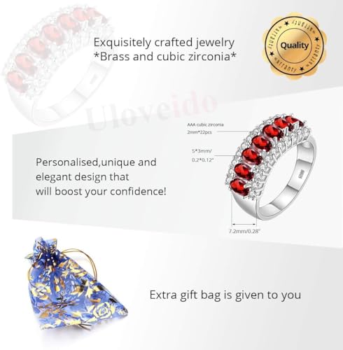 Uloveido Beautiful Women's 7 Stones Wedding Band Oval Cubic Zirconia Engagement Anniversary Rings J501 - color: Platinum-Red