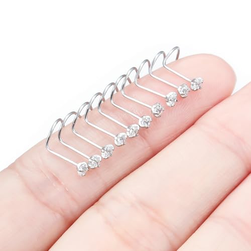 Nose Studs Surgical Steel Nose Rings Studs with Cubic Zirconia 10Pcs Tiny Nostril Rings for Women Screw Bone and L-Shaped Nostril Piercing Jewelry 24G 22G 20G 18G - color: silvertone,screw nose studs, size: 24g,2.0mm Clear CZ