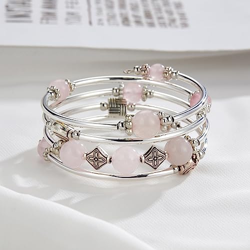 Beaded Pearl Bangle Wrap Bracelet - Fashion Bohemian Jewelry Multilayer Charm Bracelet with Thick Silver Metal Beads, Gift For Women - color: Pink crystal