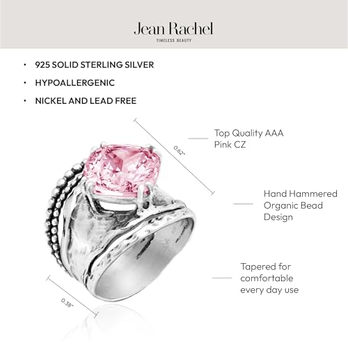 JEAN RACHEL JEWELRY 925 Sterling Silver Prong Solitaire Ring | Raised crown engagement style ring mounting a precision faceted brilliant Cubic Zirconia solitaire over stacked silver rows. - color: Pink CZ