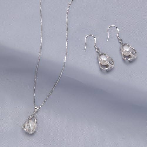Pearl Jewelry Set For Women S925 Sterling Silver/14K Gold Plated Necklace & Earrings Set Freshwater Pearl Pendant Cage Set for Wedding Anniversary Prom Birthday Gift - color: Silvery-White
