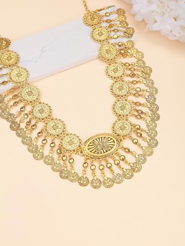 CHIC DIARY Metal Chain Belt for Women Coin Belly Link Tassel Belt for Dress | Boho Style Coin Pendant Tassel Belt Gold/Silver Adjustable Concho Belly Dance Belts for Dresses Skirts Jeans - color: Gold-dance