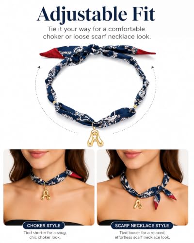 Initial Silk Scarf Necklace for Woman Paisley Bubble Letter Scarf Choker | Statement Blue Bandana Necklace, Handmade Western Jewelry for Country Cowgirl Mom,Mothers Day Gift - color: blue