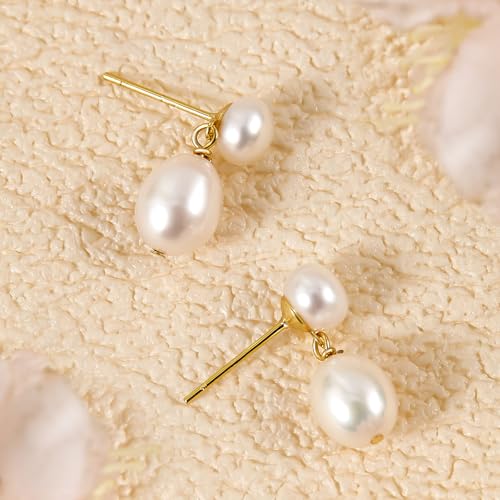 Petite Pearl Drop Earrings for Women - Real Freshwater Cultured Pearls Collection, S925 Sterling Silver Hypoallergenic Posts, 18K Gold Plated Dainty Jewelry - color: White