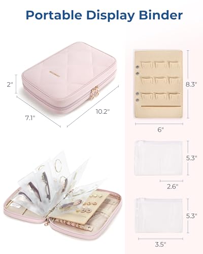 BAGSMART Jewelry Travel Case, Ring Binder Storage Book with Clear Pockets, Zippered Organizer for Necklace, Earrings, Rings, Bracelet, Pink