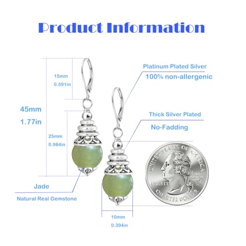 Natural 10mm Stone Beads Drop Earrings,Retro Silver Round Quartz Crystal Gemstone Beads Dangle Earrings for Women - color: A18_Olive Jade