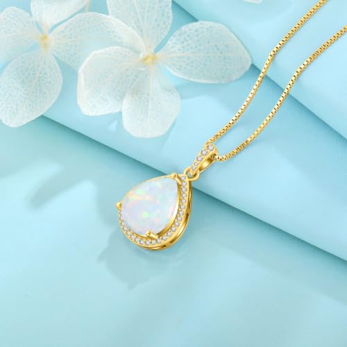 FJ Teardrop Pendant Necklace 925 Sterling Silver Birthstone Jewelry for Women - color: 10 October-Opal-Yellow Gold
