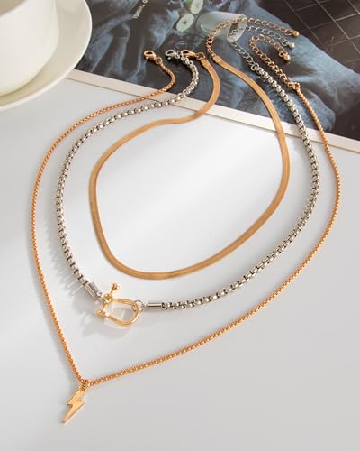 Gold Layered Necklaces for Women Chunky Layered Gold Necklaces Stacked Paperclip Chain Pearl Necklace Herringbone Toggle Clasp Choker Trendy Statement Jewelry Gifts - color: B4:two tone necklace