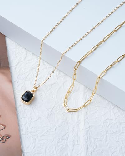 Gold Layered Necklaces for Women, 18k Gold Plated Crystal Necklace Paperclip Choker Emerald Green Jewelry for Women Gifts - color: Black Necklace