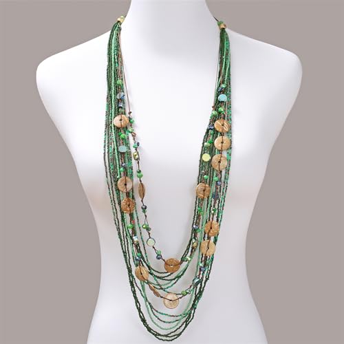 Elisheva Beaded Statement Necklace, Bohemian Layered Wood Bead and Turquoise Necklace, Chunky Coconut Shell Collar Necklace, Tribal Collar Jewelry for Women - color: multi layered green