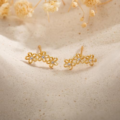 Robaice Cartilage Climber Earrings for Women,14K Gold Plated Helix Stud | Trendy Cluster Earrings, CZ Stud Earring, Tragus Conch Daith Piercing, Ear Crawer,Hypoallergenic Jewelry Gift for Women - color: G-Gold Flower