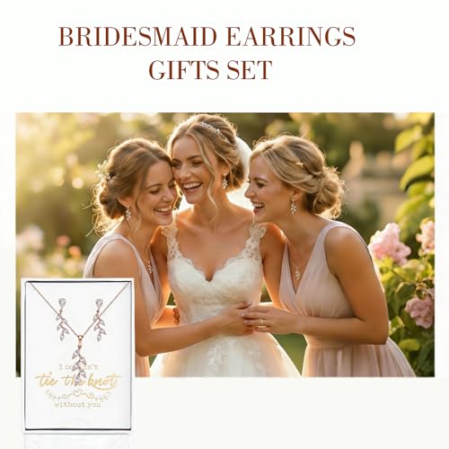 DHQH Bridesmaid Necklace Earrings Set Gifts I Couldn't Say I DO Without You Cubic Zirconia Leaf Pendant Necklace Bridesmaid Proposal Gift Set of 4 6 - color: rose-leaf-set