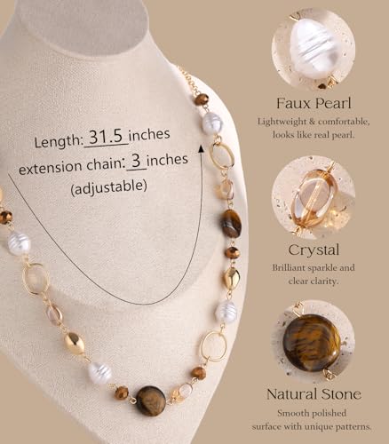 Long Gold Necklaces for Women Trendy Beaded Chain Necklace Chunky Costume Jewelry Gifts for Her - color: Tiger's Eye