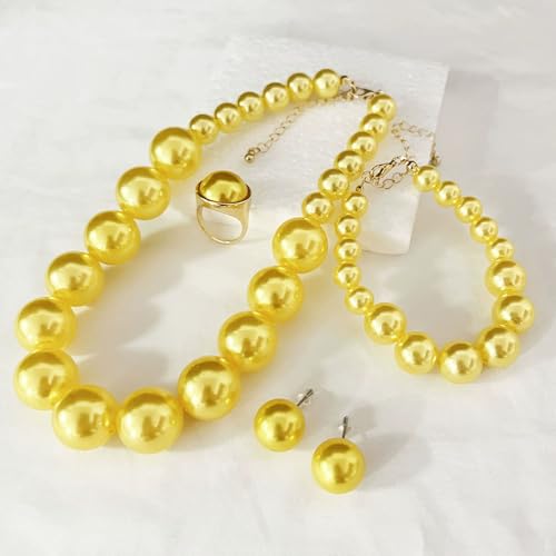 xuzhiyuan Statement Pearl Jewelry Set for Women - Includes Necklace, Bracelet, Earrings, and Ring | Colorful Faux Pearl Fashion Jewelry Set for Party, Wedding, Daily Wear - color: Yellow