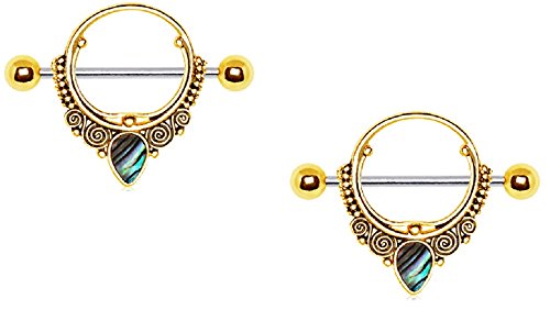 Nipple Ring Shield Gold Plated with Ornate Tear Drop Abalone Pair