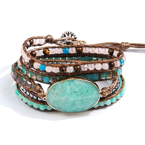 Women Wrap Bracelets Boho Natural Stone Jasper Turquoises Strand Bracelet Jewelry Collection - color: Amazonite