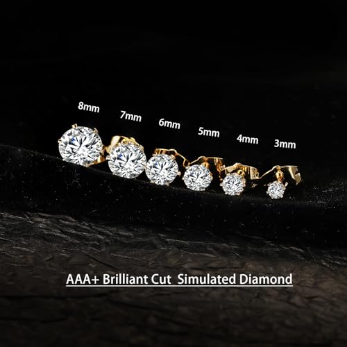 Gemsme 5 Pairs Princess Cut Cubic Zirconia Stud Earrings for Women/Men - 18K Gold Plated Hypoallergenic 3-7mm Square Clear CZ Earring Set - color: Yellow Gold-Round 6 Prong