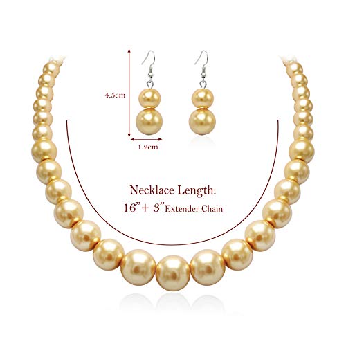 Cryshimmer Pearl Choker Necklace for Women Faux Pearl Beads Strand Necklace Earring Set Costume Jewelry,Gift for Wife Mother - color: Golden