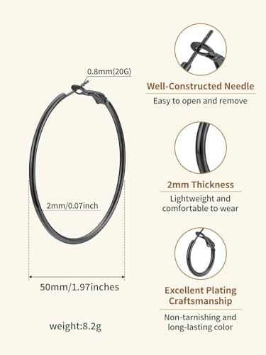 FindChic Thin Hoop Earrings for Women,Silver/Black/Gold Plated 20-100mm - color: Black, size: 50mm