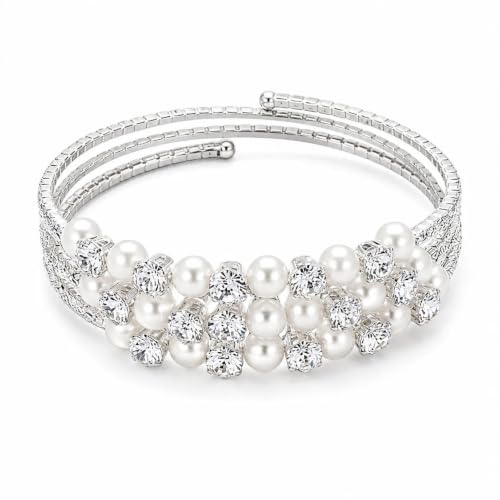 Gold Crystal Faux Pearl Beaded Bracelet for Women,Sparkling Rhinestone Layered Statement Cuff Bracelet Wedding Bridal Jewelry Accessories - color: Silver