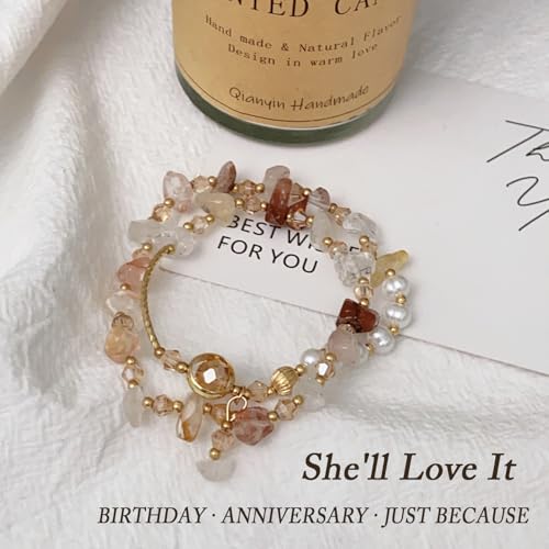 Wrap Bracelet for Women,Crystal Chip & Faux Pearl Beaded Double Layer with Gold-Tone Pendant, Boho Minimalist Style, Adjustable Fit