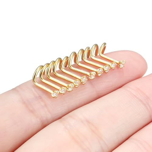 Nose Studs Surgical Steel Nose Rings Studs with Cubic Zirconia 10Pcs Tiny Nostril Rings for Women Screw Bone and L-Shaped Nostril Piercing Jewelry 24G 22G 20G 18G - color: goldtone,screw nose studs, size: 18g,2.0mm Clear CZ