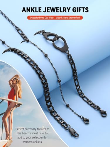 FaithHeart Waterproof Ankle Bracelets for Women, 1/2/3Pcs Non Tarnish Stainless Steel Layered Anklet Set Paperclip Figaro Cuban Link Chain Dainty Summer Beach Jewelry Gift Adjustable Size - style: a.Bead - Black