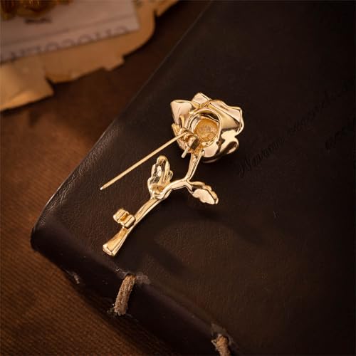 Red Rose Flower Brooches Pins for Women Men Elegant Crystal Flower Lapel Pin Retro Suit Hat Dress Accessories Wedding Valentine's Day Jewelry Gift - style: Gold