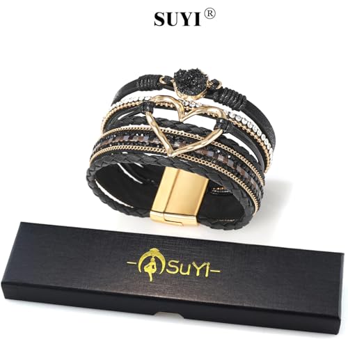 Suyi Multilayer Leather Wrap Bracelet Heart-Shape Wide Bracelets for Women - color: Black
