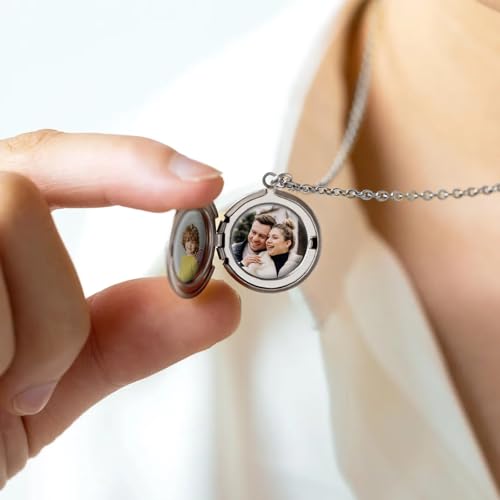 Personalized Heart Locket Necklace Customize Photo 925 Sterling Silver Picture Locket Necklace for Women Girls kids Engraved Birth Flower and Text Birthday Christmas Gifts for Women Girls Kids - color: Circle Rose Gold