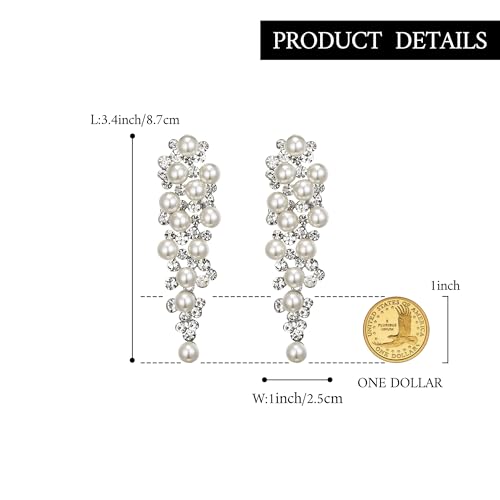 BriLove Women's Wedding Bridal Crystal Simulated Pearl Multi Beaded Cluster Chandelier Dangle Earrings - color: Silver-Tone