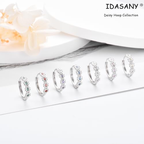 Sterling Silver Hoop Earrings for Women, Dainty Small Huggie Hoop Earrings | Hypoallergenic Daisy Color Cubic Zirconia Flower Hoops Earring Jewellery Gifts for Ladies Birthday Wedding, 12mm Hoop - color: Red