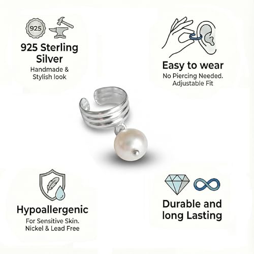 925 Sterling Silver Ear Cuff, Handmade Single Band Adjustable Non Piercing Clip On Cartilage Earring, Minimalist Ear Wrap Faux Piercing Jewelry for Women - style: Pearl