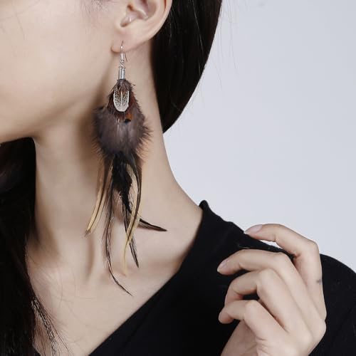 Bohemian Pheasant Peacock Long Feathers Statement Earrings Handmade Natural Lightweight Feather Dangle Earrings for Women (ea000071) - color: Black B