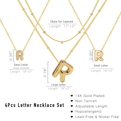 stino 4PCs Bubble Initial Letter Necklace Set, No Tarnish 14K Gold Plated Alphabet Pendant, Jewelry for Women - style: R