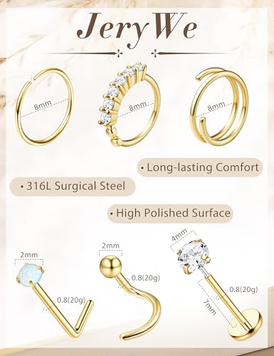 JeryWe Nose Rings for Women - 14K Gold Filled Hypoallergenic Surgical Steel Nose Ring Hoops CZ Lip Ring Screw L Shaped Studs Threadless Flat Back Stud Nose Piercings Jewelry for Women Men - style: 14K Gold Filled-AB CZ