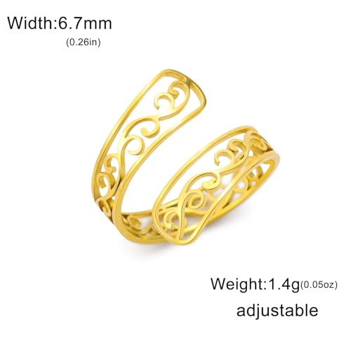 TEAMER Adjustable Filigree Flower Ring Stainless Steel Filigree Flower Ring Bohemian Jewelry Band Open Ring For Women - color: Gold