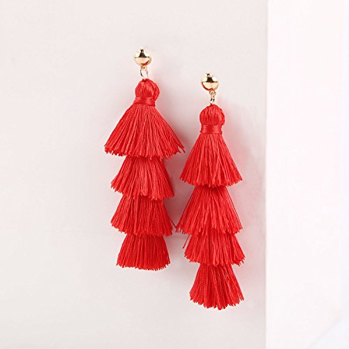 BaubleStar Bohemian Layered Tassel Drop Earrings for Women | Lightweight Statement Party Festival Jewelry - color: Red
