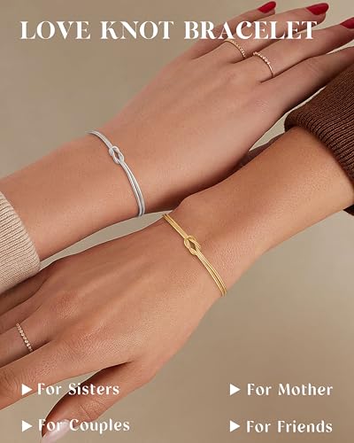 KOHOTA Silver Gold Bracelets for Women Trendy 14K Gold Plated Bracelet for Women Non Tarnish Dainty Stackable Layered Chain Heart Pearl Knot Beaded Bracelets Stack Set Charm Mothers Day Jewelry Gifts - color: A. Knot-gold silver