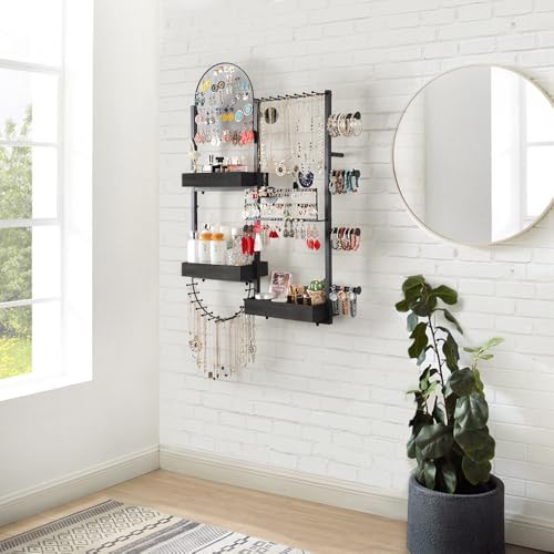 Keebofly Wall Mount Hanging Jewelry Organizer - Large Display Holder for Earrings, Rings, Necklaces, Bracelets, Watches and Perfume - Black - color: Black