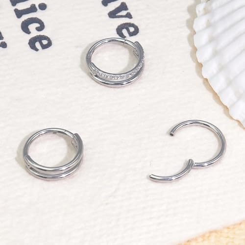 davka Nose Ring Set, 18G Hinged Hoop 8mm & 20G Nose Studs, Stainless Steel & Gold Plated, Hypoallergenic, Multiple Styles Nose Piercing Jewelry - color: Silver/3Pcs Hoops/18gauge 8mm/Set D