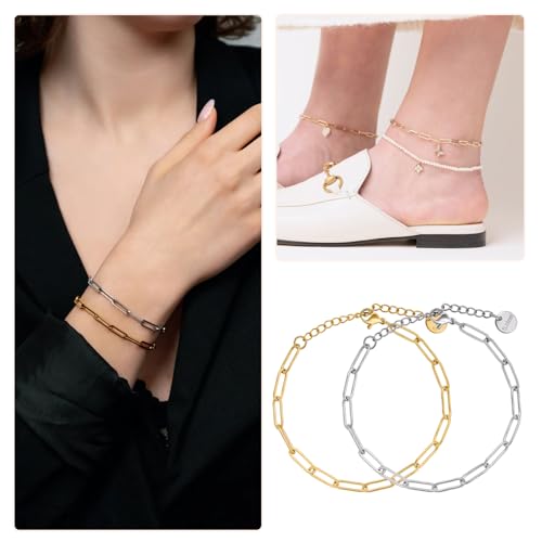 UMAOKANG 12PCS Stainless Steel Adjustable Paperclip Chain Bracelet Kit | 6.5Inch 6PCS Gold + 6PCS Silver Charm Bulk Bracelets Permanent Hand Chain for Men and Women - color: 6pcs Gold+6pc Steel