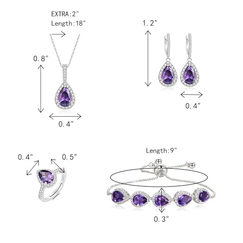 Crysdue Wedding Bridal Teardrop CZ Pendant Necklace Open Ring Dangle Earrings Adjustable Slider Bracelet Jewelry Set, Birthday Mothers Day Christmas Jewellery Gift for Women/Mom/Wife - style: 01-Teardrop Purple Silver-Tone